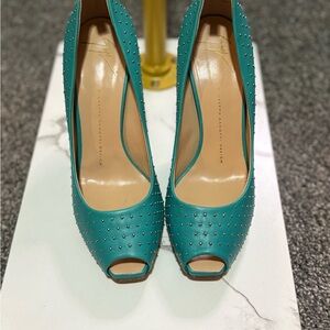Giuseppe Zanotti Teal Studded Nappa Leather Peep-Toe Pumps